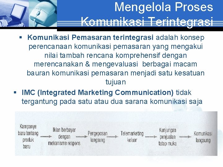 Mengelola Proses Komunikasi Terintegrasi § Komunikasi Pemasaran terintegrasi adalah konsep perencanaan komunikasi pemasaran yang