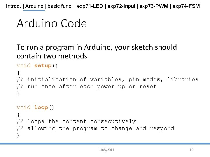 Introd. | Arduino | basic func. | exp 71 -LED | exp 72 -Input