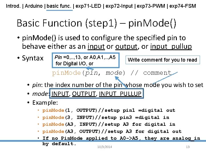 Introd. | Arduino | basic func. | exp 71 -LED | exp 72 -Input