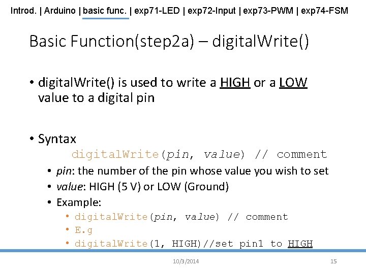 Introd. | Arduino | basic func. | exp 71 -LED | exp 72 -Input