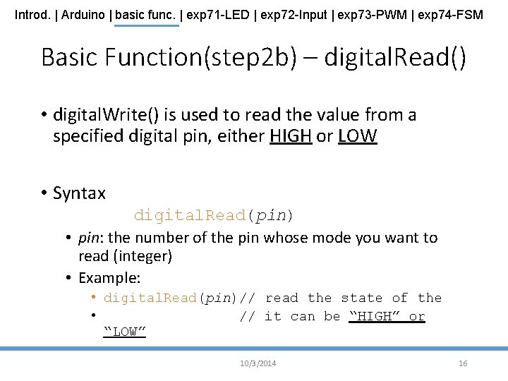 Introd. | Arduino | basic func. | exp 71 -LED | exp 72 -Input