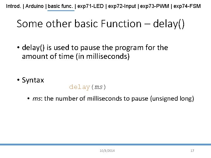 Introd. | Arduino | basic func. | exp 71 -LED | exp 72 -Input