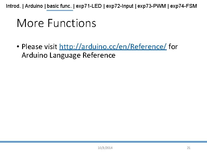 Introd. | Arduino | basic func. | exp 71 -LED | exp 72 -Input