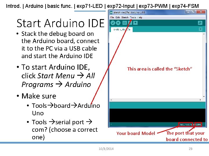 Introd. | Arduino | basic func. | exp 71 -LED | exp 72 -Input