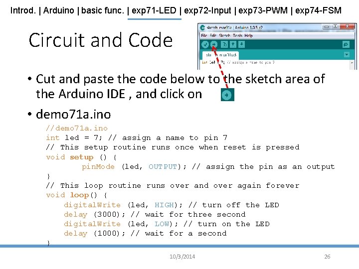 Introd. | Arduino | basic func. | exp 71 -LED | exp 72 -Input