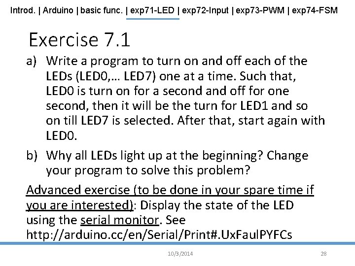Introd. | Arduino | basic func. | exp 71 -LED | exp 72 -Input