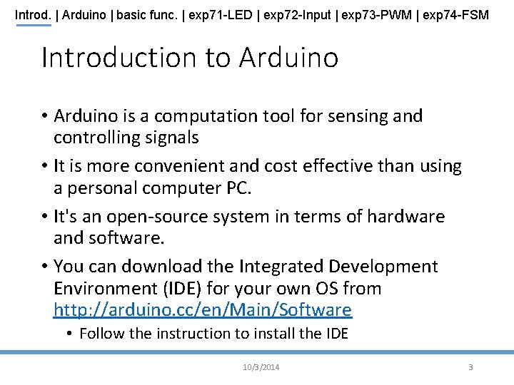 Introd. | Arduino | basic func. | exp 71 -LED | exp 72 -Input