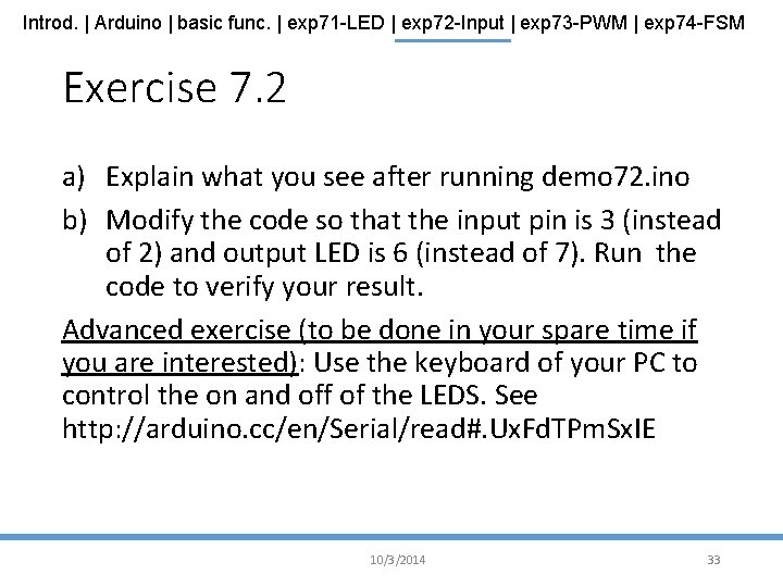 Introd. | Arduino | basic func. | exp 71 -LED | exp 72 -Input