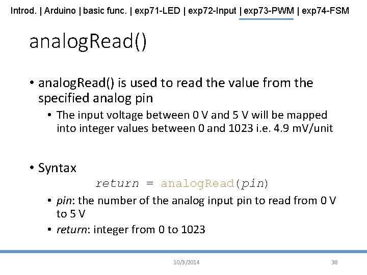 Introd. | Arduino | basic func. | exp 71 -LED | exp 72 -Input