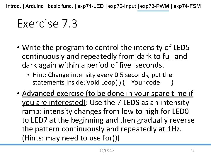 Introd. | Arduino | basic func. | exp 71 -LED | exp 72 -Input