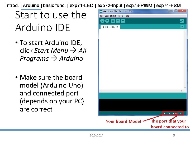 Introd. | Arduino | basic func. | exp 71 -LED | exp 72 -Input