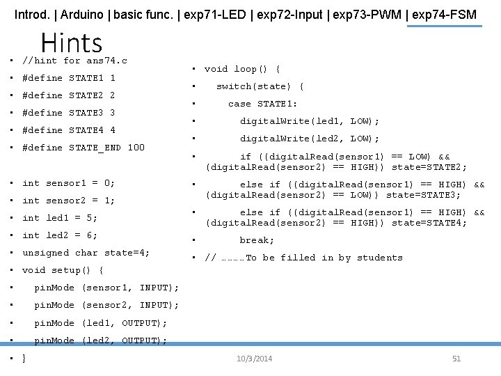 Introd. | Arduino | basic func. | exp 71 -LED | exp 72 -Input
