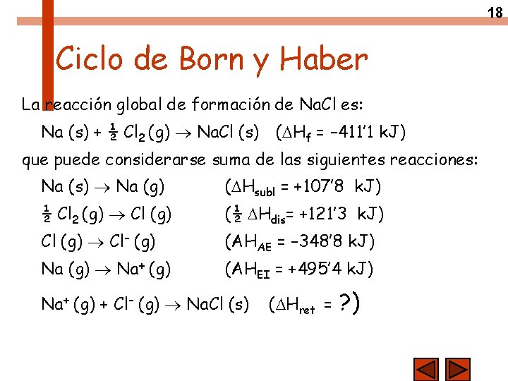 18 Ciclo de Born y Haber La reacción global de formación de Na. Cl