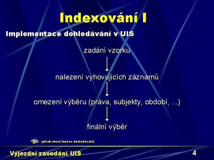 Indexování I Implementace dohledávání v UIS zadání vzorku nalezení vyhovujících záznamů omezení výběru (práva,