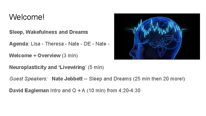 Welcome! Sleep, Wakefulness and Dreams Agenda: Lisa - Theresa - Nate - DE -
