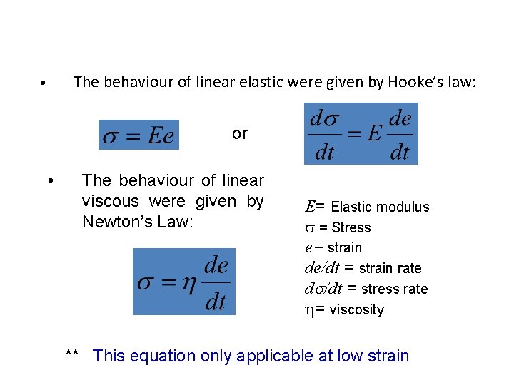 The behaviour of linear elastic were given by Hooke’s law: • or • The