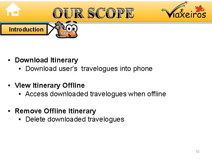 OUR SCOPE Introduction • Download Itinerary • Download user’s travelogues into phone • View