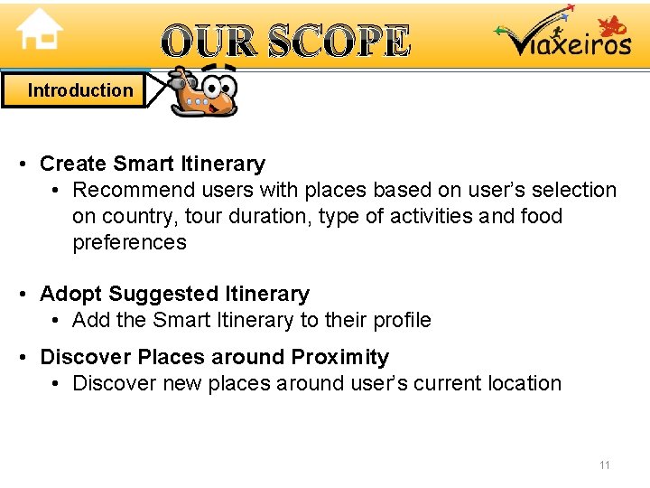 OUR SCOPE Introduction • Create Smart Itinerary • Recommend users with places based on