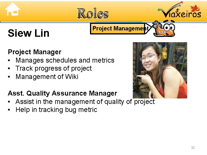 Roles Siew Lin Project Management Project Manager • Manages schedules and metrics • Track