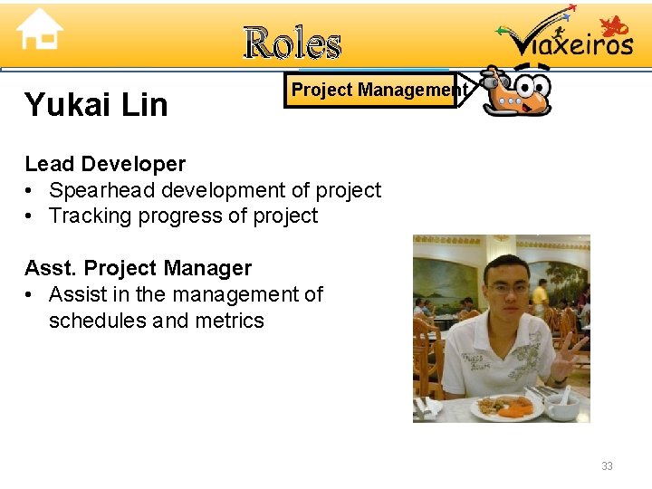 Roles Yukai Lin Project Management Lead Developer • Spearhead development of project • Tracking