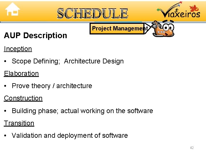 SCHEDULE AUP Description Project Management Inception • Scope Defining; Architecture Design Elaboration • Prove