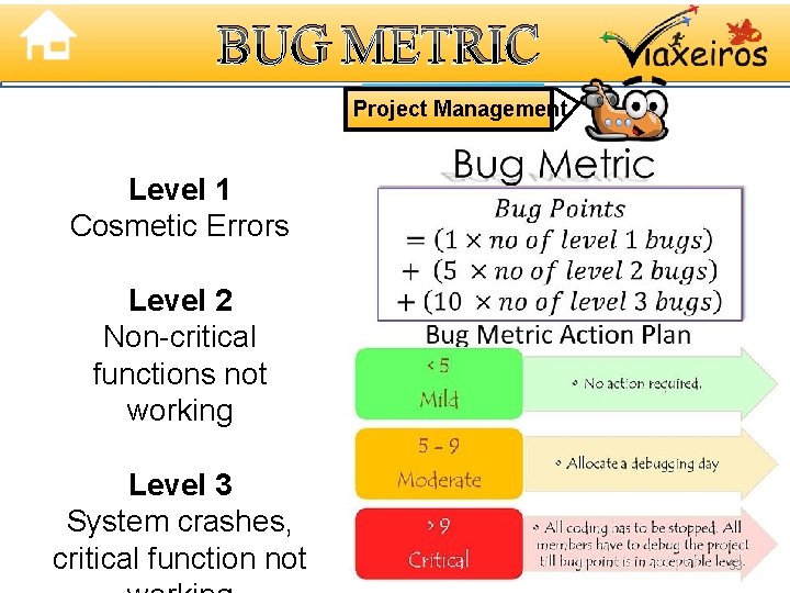 BUG METRIC Project Management Level 1 Cosmetic Errors Level 2 Non-critical functions not working