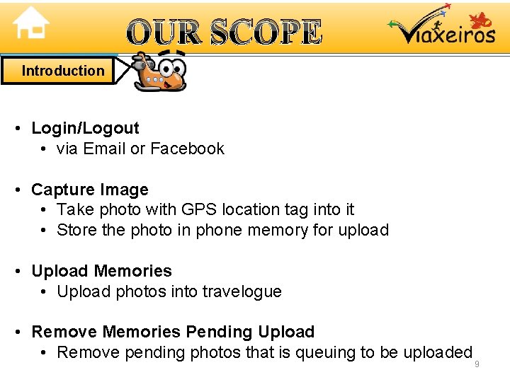 OUR SCOPE Introduction • Login/Logout • via Email or Facebook • Capture Image •