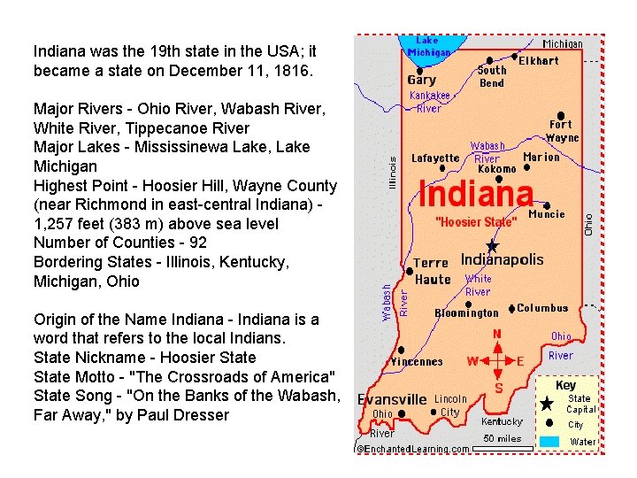 Indiana was the 19 th state in the USA; it became a state on