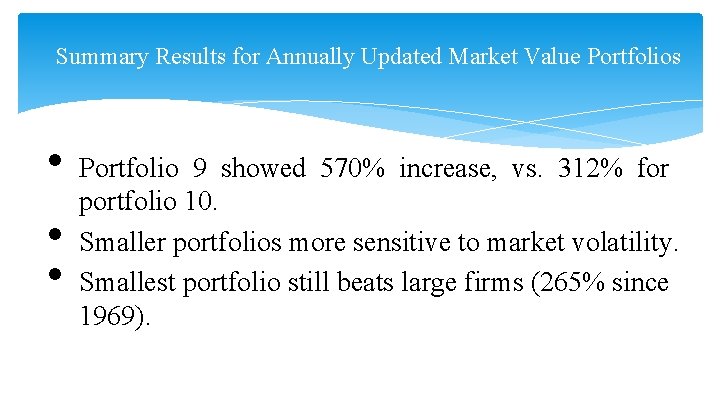 Summary Results for Annually Updated Market Value Portfolios • • • Portfolio 9 showed