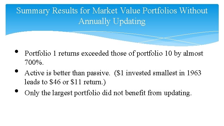 Summary Results for Market Value Portfolios Without Annually Updating • • • Portfolio 1