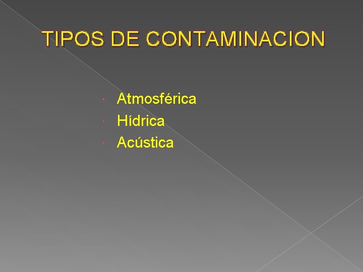 TIPOS DE CONTAMINACION Atmosférica Hídrica Acústica 