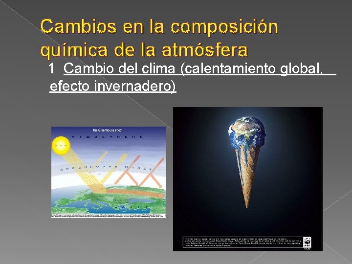 Cambios en la composición química de la atmósfera 1 Cambio del clima (calentamiento global,