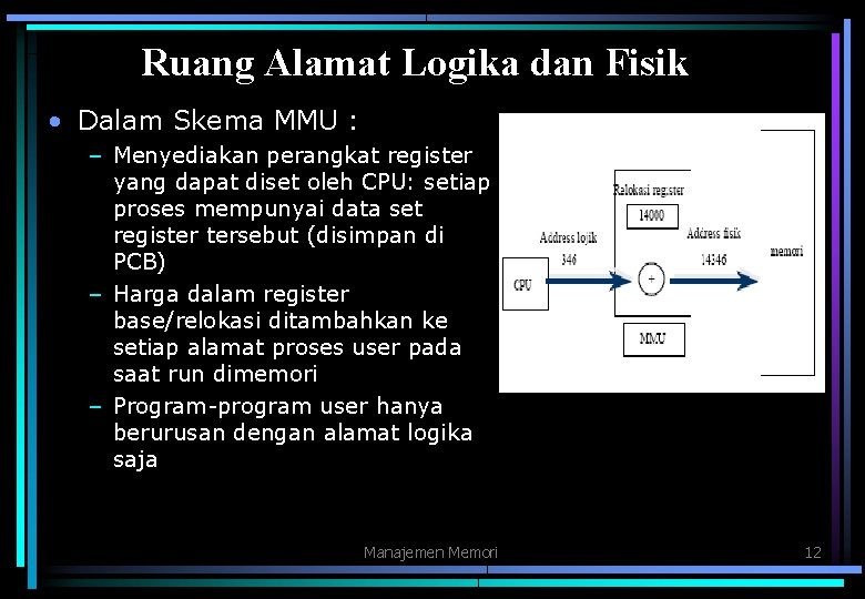 Ruang Alamat Logika dan Fisik • Dalam Skema MMU : – Menyediakan perangkat register