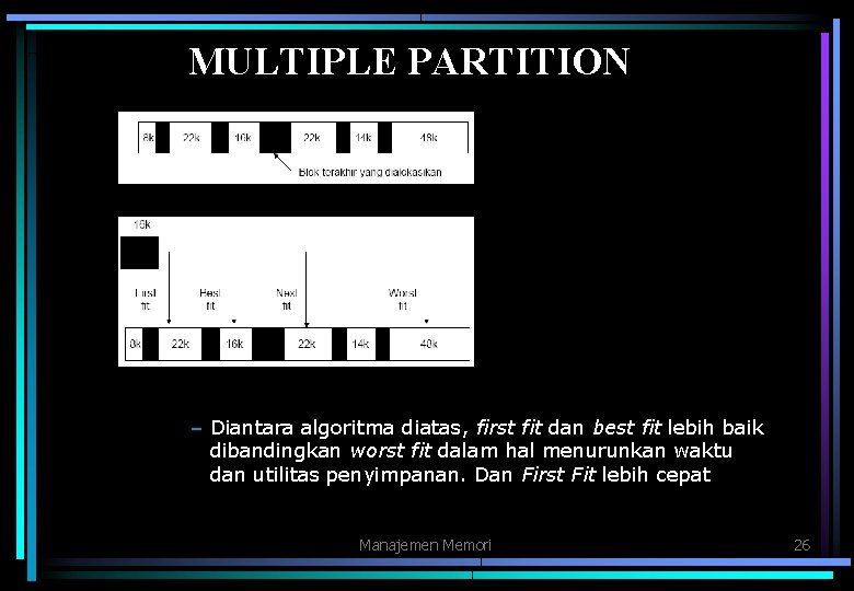 MULTIPLE PARTITION – Diantara algoritma diatas, first fit dan best fit lebih baik dibandingkan