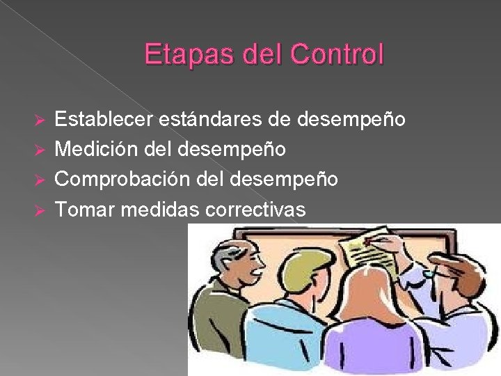 Etapas del Control Establecer estándares de desempeño Ø Medición del desempeño Ø Comprobación del