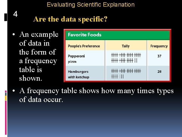 Evaluating Scientific Explanation 4 Are the data specific? • An example of data in