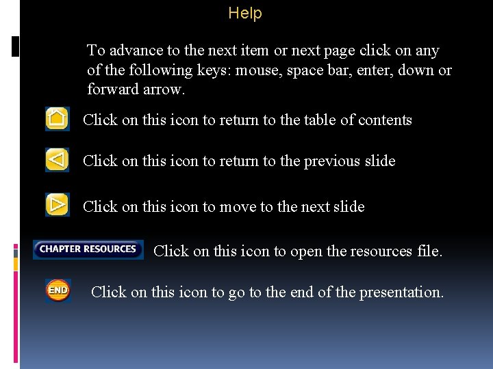 Help To advance to the next item or next page click on any of