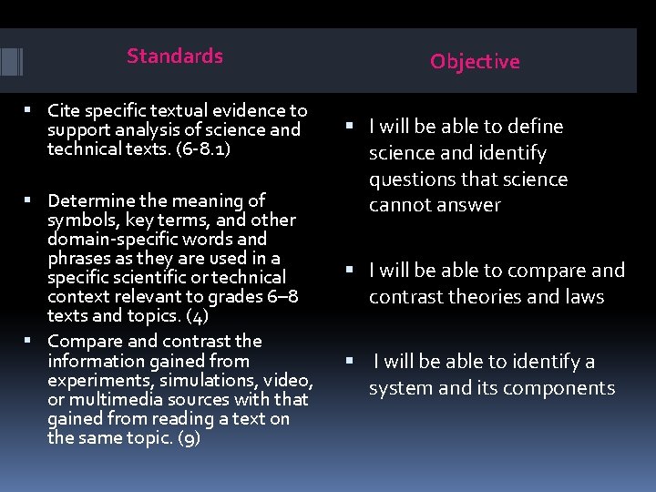 Standards Cite specific textual evidence to support analysis of science and technical texts. (6