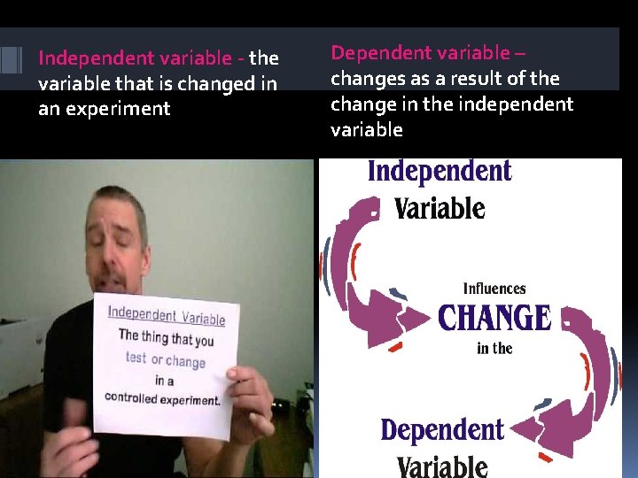 Independent variable - the variable that is changed in an experiment Dependent variable –