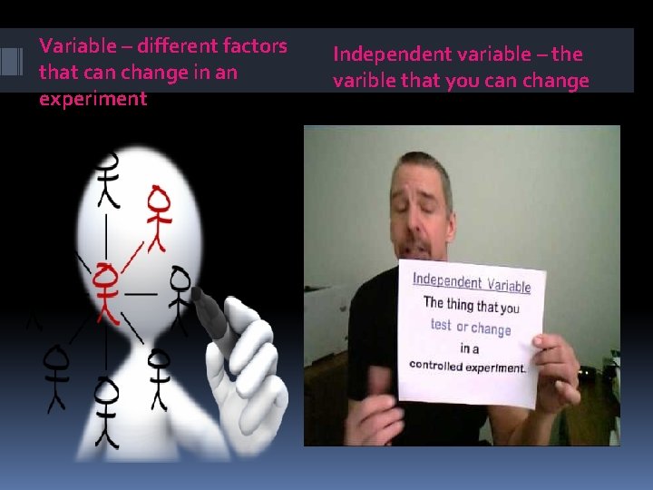 Variable – different factors that can change in an experiment Independent variable – the