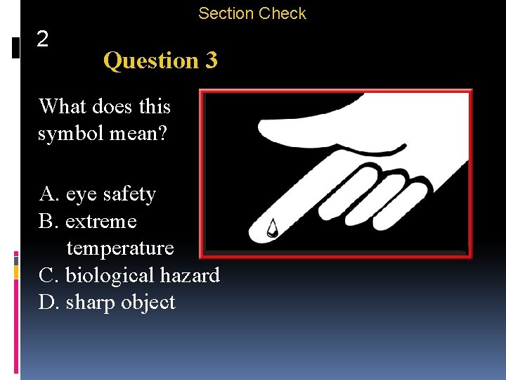 Section Check 2 Question 3 What does this symbol mean? A. eye safety B.