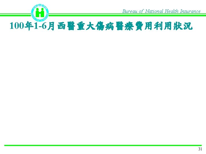 Bureau of National Health Insurance 100年 1 -6月西醫重大傷病醫療費用利用狀況 31 