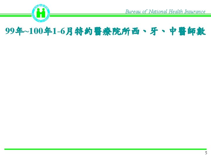 Bureau of National Health Insurance 99年~100年 1 -6月特約醫療院所西、牙、中醫師數 5 