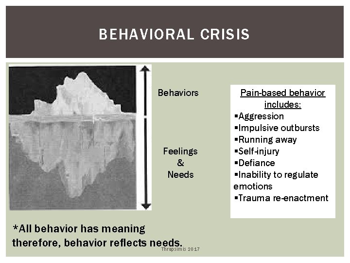 BEHAVIORAL CRISIS Behaviors Feelings & Needs *All behavior has meaning therefore, behavior reflects needs.