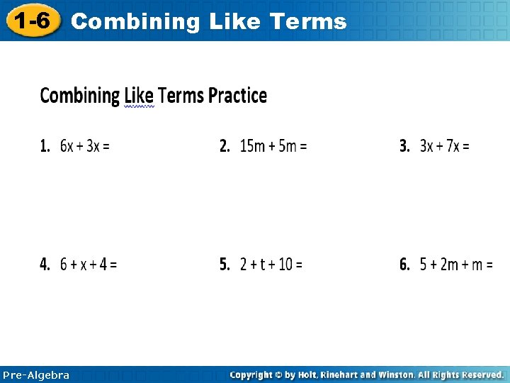 1 -6 Combining Like Terms Pre-Algebra 