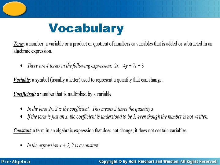 1 -6 Combining Like Terms Vocabulary Pre-Algebra 