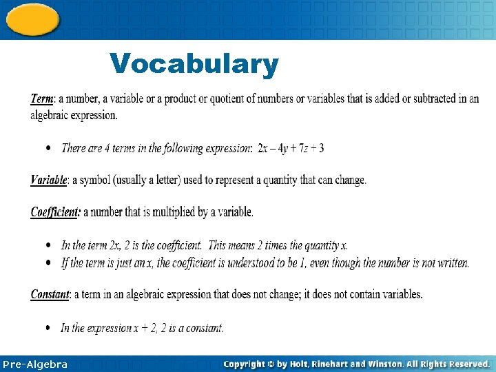 1 -6 Combining Like Terms Vocabulary Pre-Algebra 1 -6 Combining Like Terms Vocabulary Pre-Algebra