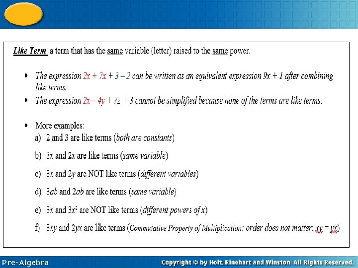 1 -6 Combining Like Terms Pre-Algebra 1 -6 Combining Like Terms Pre-Algebra