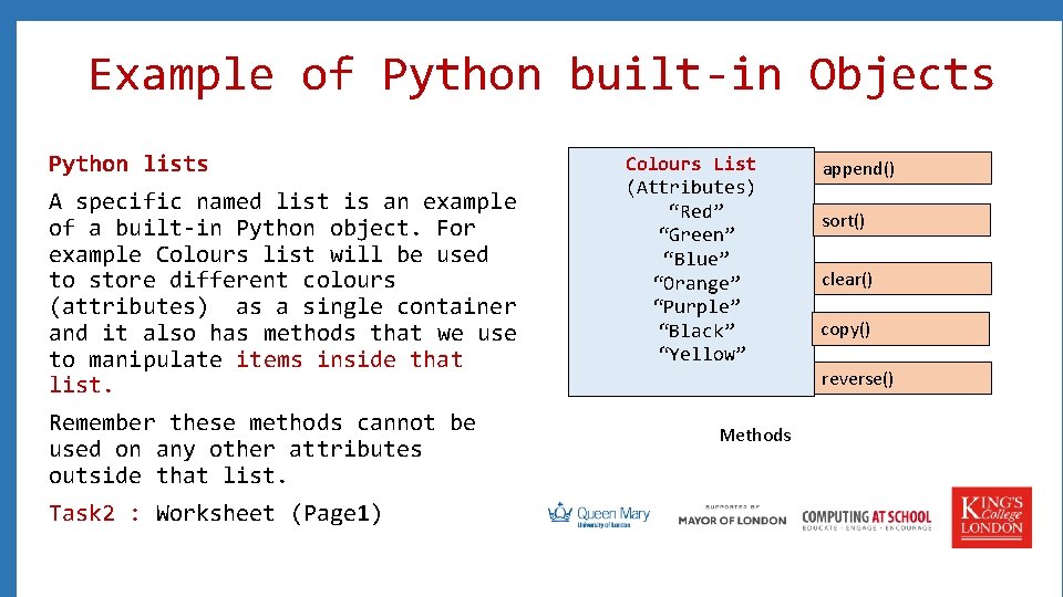 Example of Python built-in Objects Python lists A specific named list is an example