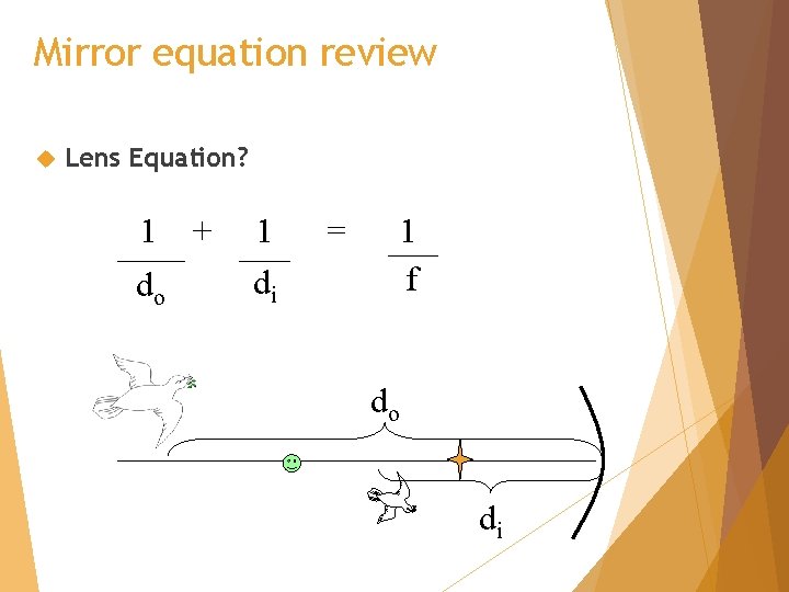 Mirror equation review Lens Equation? 1 do + 1 di = 1 f do
